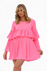 Neon Pink Pleated Ruffle Mini Dress