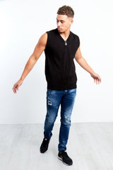 Plus Size Mens Black V-Neck Sleeveless Knitted Jumper