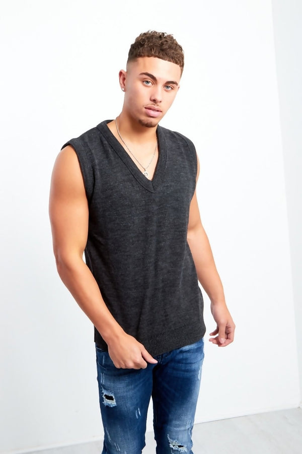 Plus Size Mens Charcoal V-Neck Sleeveless Knitted Jumper