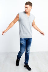 Plus Size Mens Grey V-Neck Sleeveless Knitted Jumper