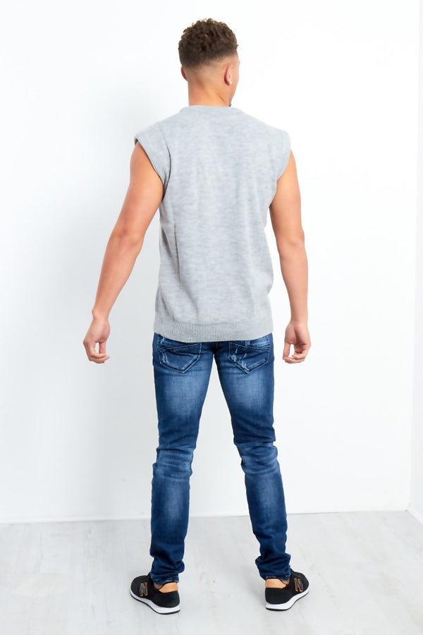 Plus Size Mens Grey V-Neck Sleeveless Knitted Jumper