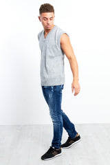 Plus Size Mens Grey V-Neck Sleeveless Knitted Jumper