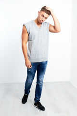 Plus Size Mens Grey V-Neck Sleeveless Knitted Jumper
