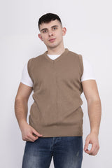 Plus Size Mens Mocha V-Neck Sleeveless Knitted Jumper