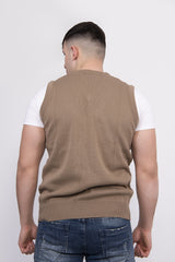 Plus Size Mens Mocha V-Neck Sleeveless Knitted Jumper