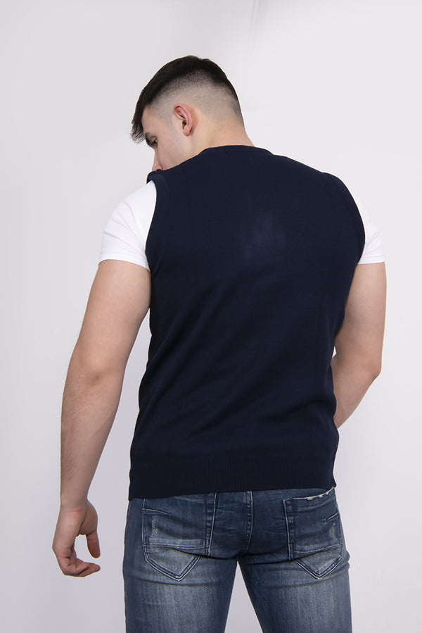 Plus Size Mens Navy V-Neck Sleeveless Knitted Jumper