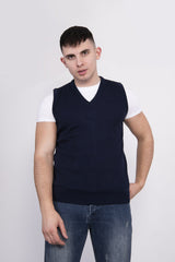Plus Size Mens Navy V-Neck Sleeveless Knitted Jumper