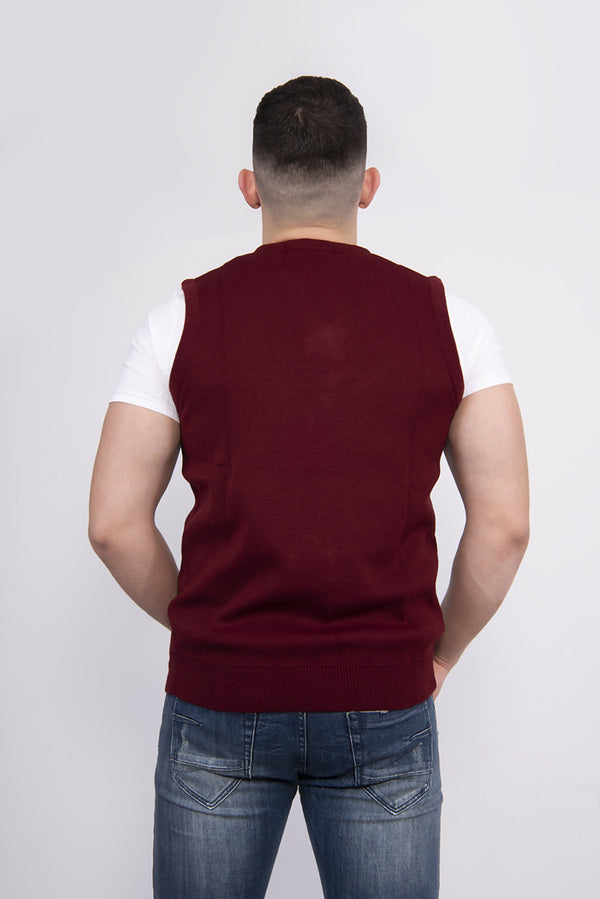 Plus Size Mens Wine V-Neck Sleeveless Knitted Jumper