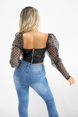 Black Sheer Polka Dot Mesh Sleeve Leather PU Crop