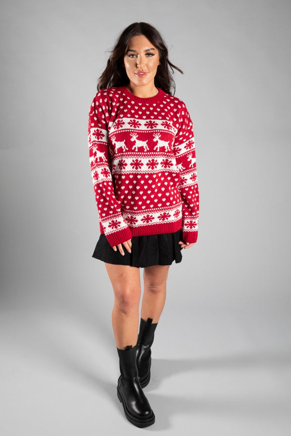 Red Reindeer And Snowflake Knitted Christmas Jumper 