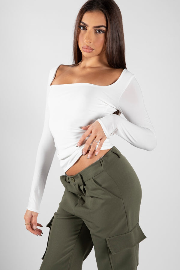 White Slinky Square Neck Top