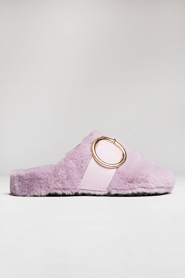 Purple Faux Fur Buckle Detail Mule Slipper