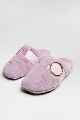 Purple Faux Fur Buckle Detail Mule Slipper