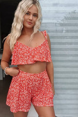 Red Printed Crop Top and Flippy Shorts Set 
