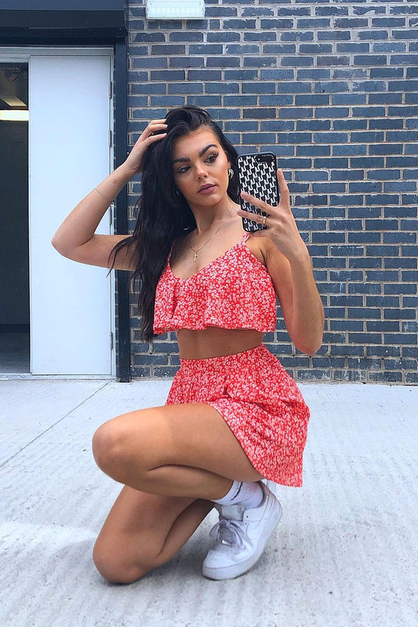 Red Printed Crop Top and Flippy Shorts Set 