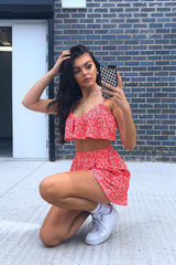 Red Printed Crop Top and Flippy Shorts Set 
