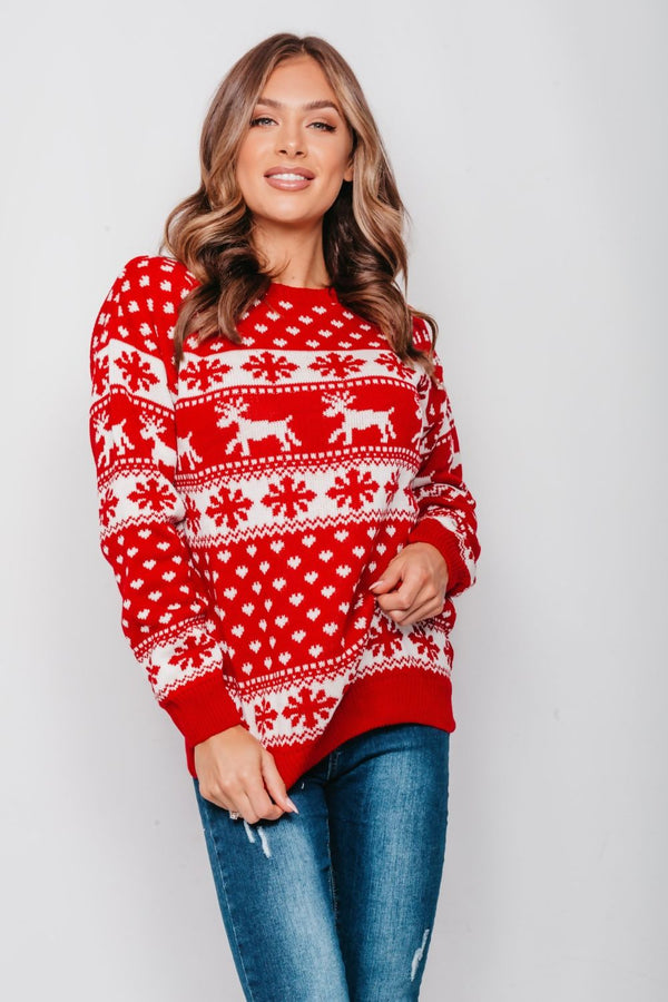 Red Reindeer And Snowflake Knitted Christmas Jumper 