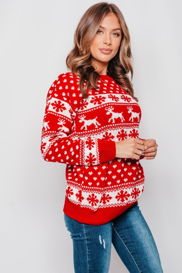 Red Reindeer And Snowflake Knitted Christmas Jumper 