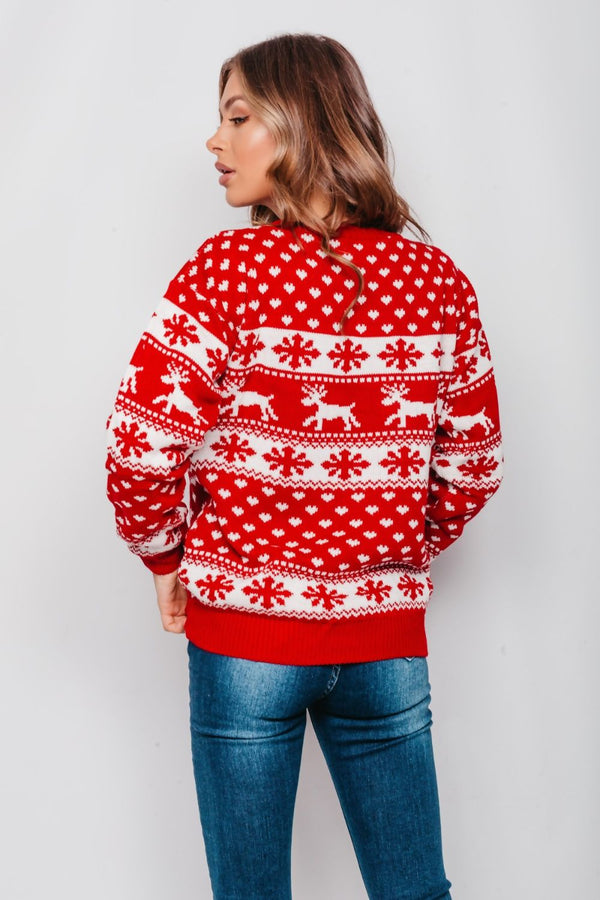 Red Reindeer And Snowflake Knitted Christmas Jumper 