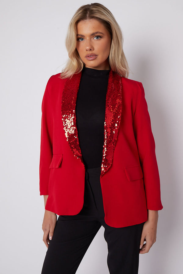 Red Sequin Lapel Collar Blazer