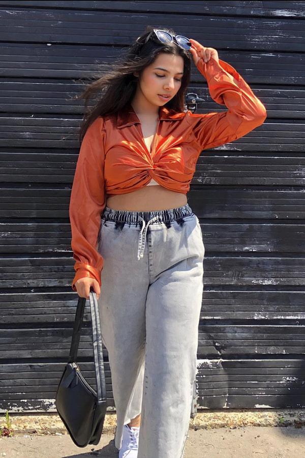 Rust Satin Plunge Twist Front Crop Top
