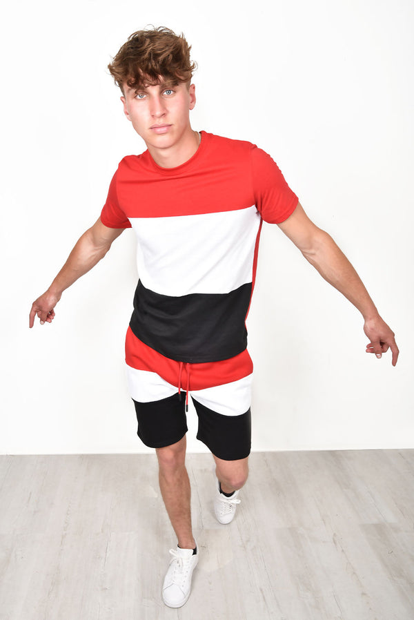  Men Summer Colour Block Short Tracksuit in Red