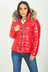 Red Patent Fur Hood Puffer Jacket