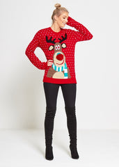 Red Rudolph Christmas Jumper With Pom Pom Detail