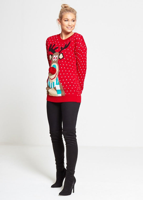 Red Rudolph Christmas Jumper With Pom Pom Detail