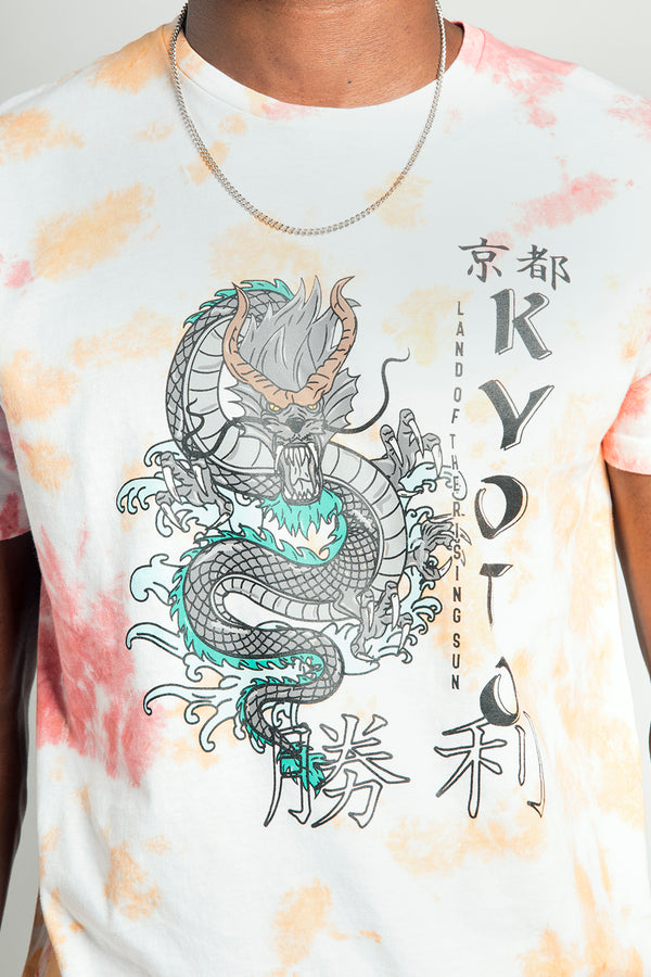 Mens Pink Tie Dye Dragon Print Graphic T-Shirt