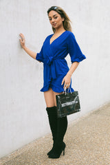 Royal Blue Frill Sleeve Wrap Mini Dress