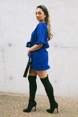 Royal Blue Frill Sleeve Wrap Mini Dress