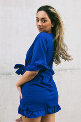 Royal Blue Frill Sleeve Wrap Mini Dress