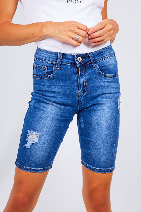 Mid Wash Distressed Denim Cycle Shorts