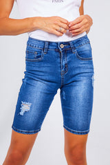Mid Wash Distressed Denim Cycle Shorts