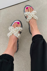 Silver Pearl Embellished Slip On Sandals