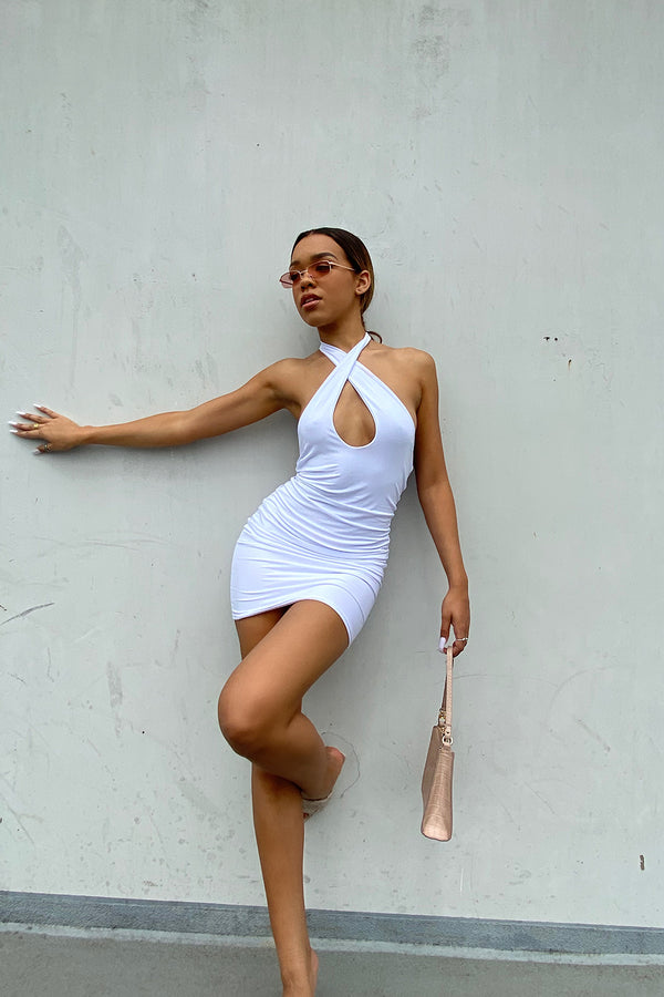 White Slinky Cross Front Backless Halter Mini Dress 