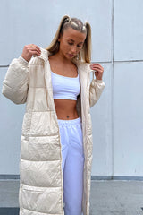 Stone Longline Hooded Padded Coat