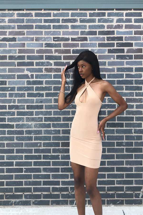 Stone Slinky Cross Front Backless Halter Mini Dress 