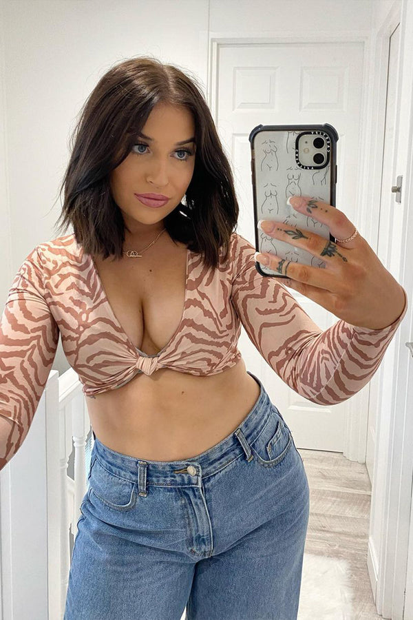 Stone Zebra Print Slinky Twist Knot Crop Top 