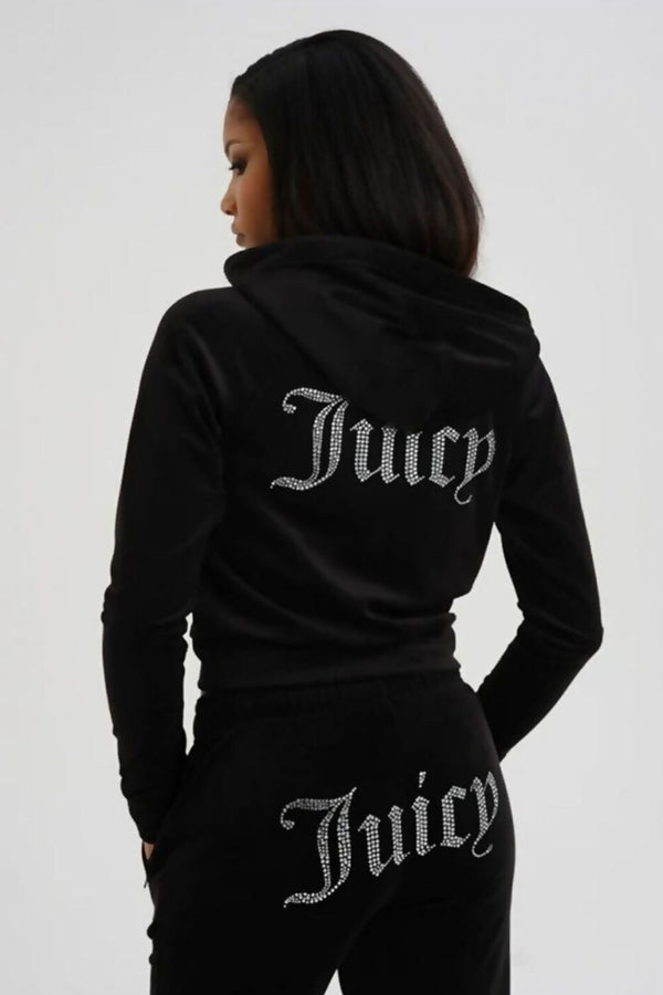 Black Studded Wide Leg Juicy Print Velour Tracksuit
