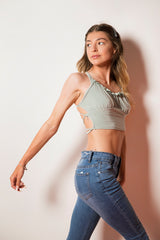 Sage Ruched Criss Cross Back Crop Top