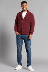 Wine Mens Shawl Neck Button Up Half Stitch Cardigan-Copy