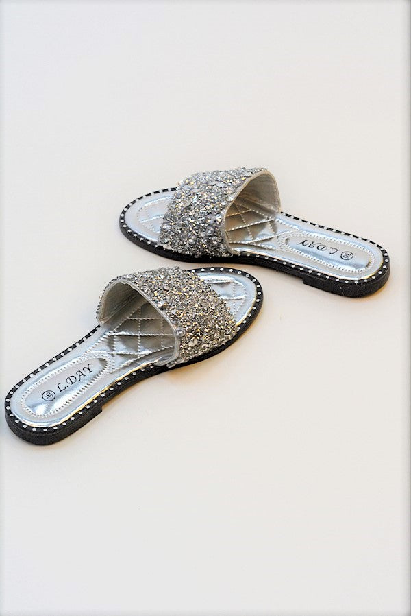 Silver Embellished Slip On Sandals