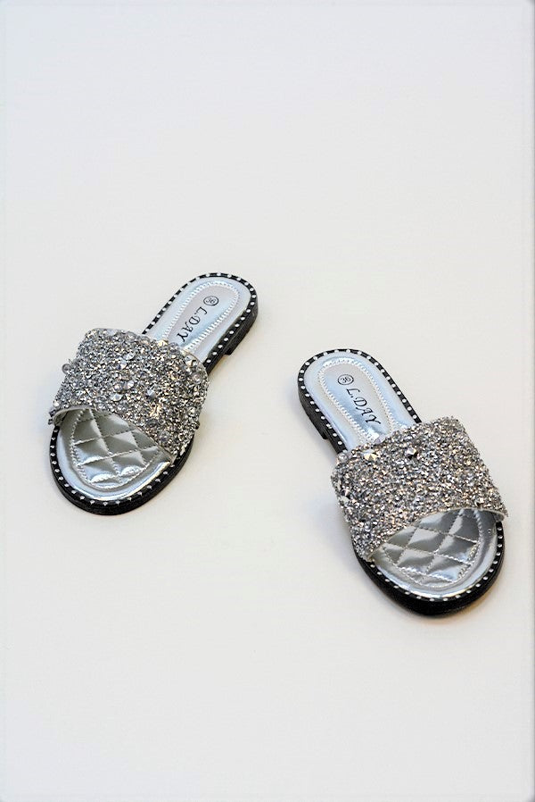 Silver Embellished Slip On Sandals