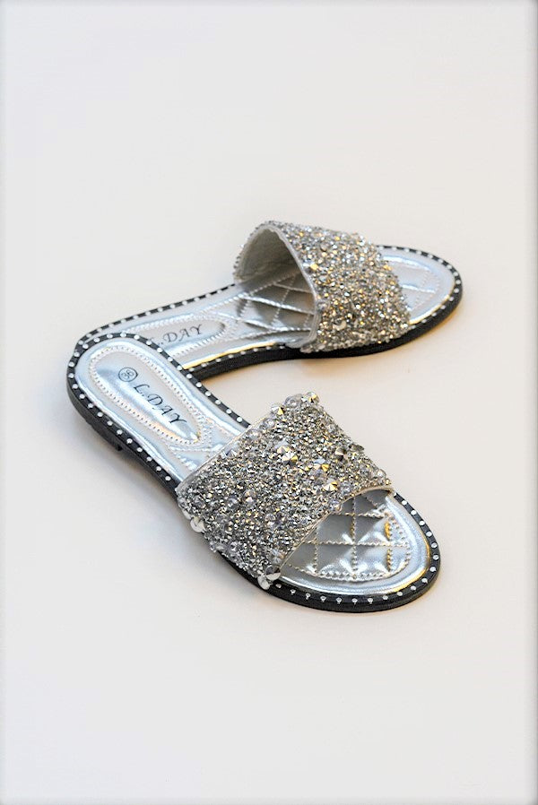 Silver Embellished Slip On Sandals