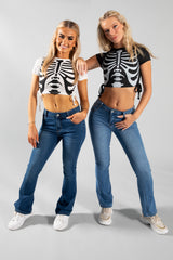 White Ribbed Ruched Skeleton Hands Print Crop Top