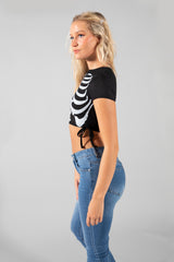 Black Ribbed Ruched Skeleton Hands Print Crop Top