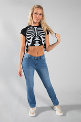 Black Ribbed Ruched Skeleton Hands Print Crop Top