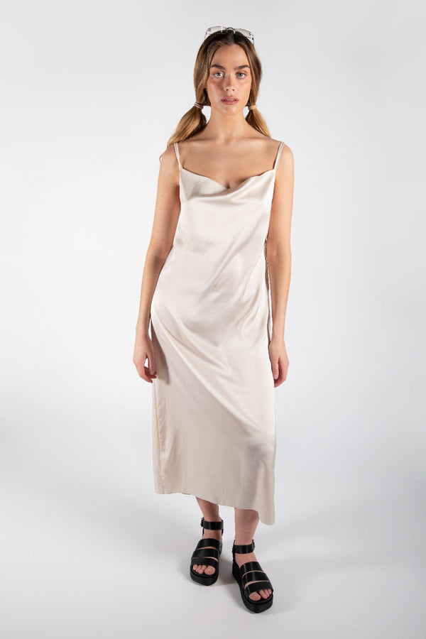 Beige Midi Satin Slip Dress 